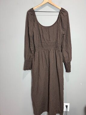 Nobody’s Child Gingham Smocked Midi Dress Brown Black Organic Cotton 10